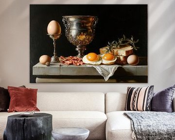 Elegant ontbijt met zilver en gebakken eieren van Klaus Tesching - Art-AI