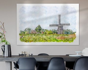De Zwartenbergse Molen en restaurant Stroming in Etten-Leur (kunst, aquarel) van Art by Jeronimo