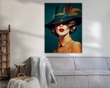 Retro-look woman with feathers on hat, Series: Colourful Retro - 9