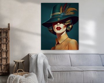 Retro portret van een chique vrouw met veren op de hoed van Studio Pieternel
