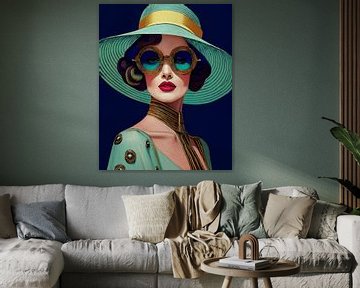 Retrolook elegante vrouw met hoed en zonnebril, Serie: Kleurrijk Retro -5 van Studio Pieternel