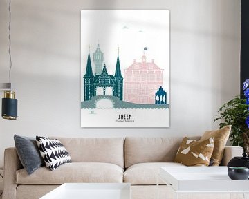 Skyline illustratie stad Sneek in kleur van Mevrouw Emmer