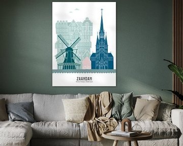 Skyline illustratie Zaandam in kleur van Mevrouw Emmer