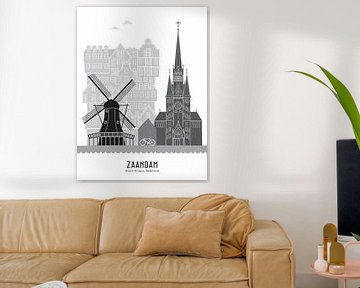 Skyline illustratie Zaandam in zwart-wit-grijs van Mevrouw Emmer