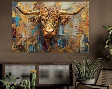 Kracht en Kleur - Stier in Expressieve Texturen - Koe van Eva Lee