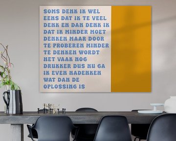 Sometimes I think too much | Colour blocking landscape painting with text ochre yellow by Romy Smit
