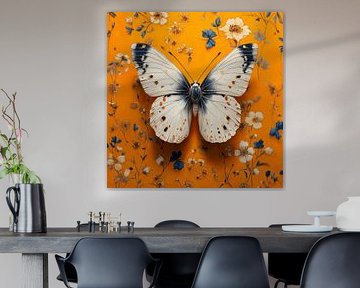 Delfts Blauwe Vlinder 1 op Gele Achtergrond met Bloemen van Studio Ypie