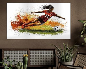 Starke Fußballspielerin tritt energisch den Ball