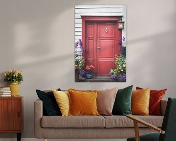 Red door with flowers