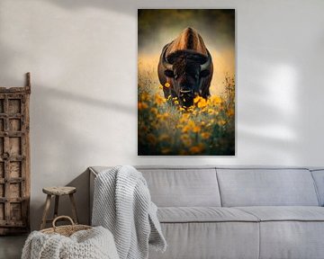 Bison in Blüten von Poster Art Shop