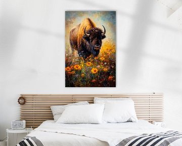 Bison in the flower field by Poster Art Shop