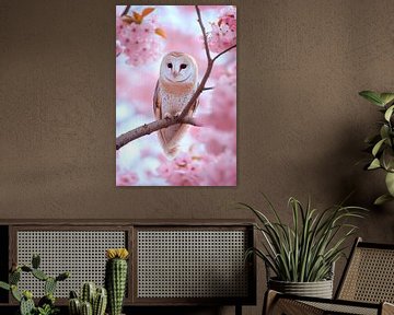 Uil in kersenbloesemboom van Poster Art Shop