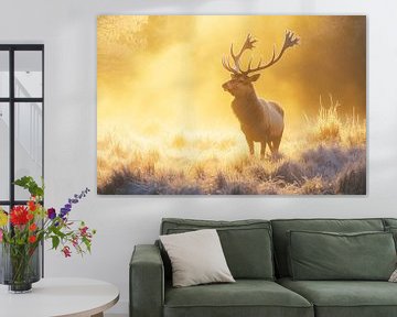 Herten in de ochtendnevel van Poster Art Shop