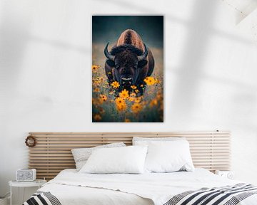 Bison im Blumenfeld von Poster Art Shop