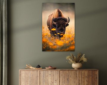 Bison im Blumenfeld von Poster Art Shop