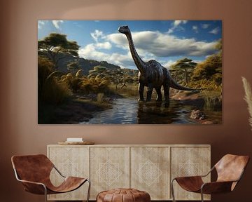 Panorama Juravallei bergen met Brachiosaurus dinosaurus van Animaflora PicsStock