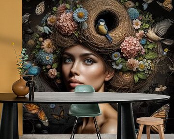 Vrouw met een vogelnest op haar hoofd