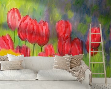 Frühlingsgarten mit roten Tulpen von Karen Kaspar