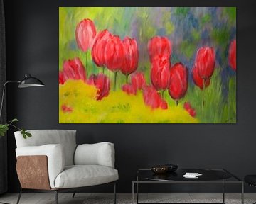 Lentetuin met rode tulpen van Karen Kaspar