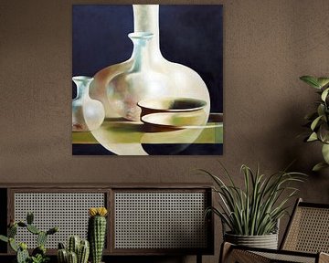 Surrealistische Komposition aus Schalen und Vasen