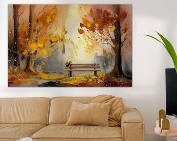 Verlaten houten bankje in herfstbos - Serie: herfst in goud - 4 van Studio Pieternel