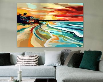Impressionistisch strandhuis bij zonsondergang van Art & Soul Creations