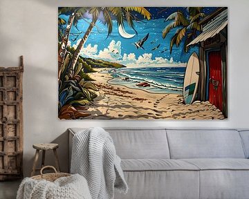 Nachtelijk strand met palmboom