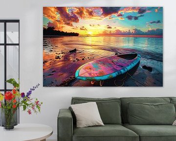 Zonsondergang met Surfplank van Art & Soul Creations