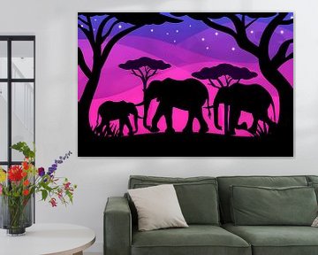 Elephant silhouettes savannah sunset by Art & Soul Creations