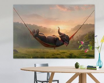 Elephant relaxes in hammock at sunset