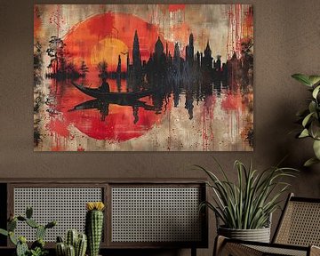 Roeiboot onder Rode Zonsondergang bij Stad van Art & Soul Creations