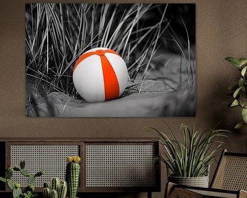 Minimalist beach ball on the sand by Art & Soul Creations
