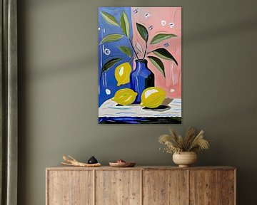 Modern stilleven Citroen kobalt blauw vaas van Lianne Louise