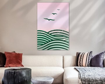 Abstracte golven in groen en roze 3 van True Nature Art