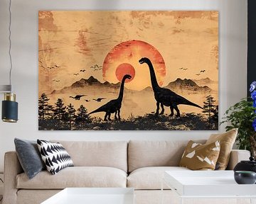 Silhouettes of dinosaurs during sunset by Art & Soul Creations