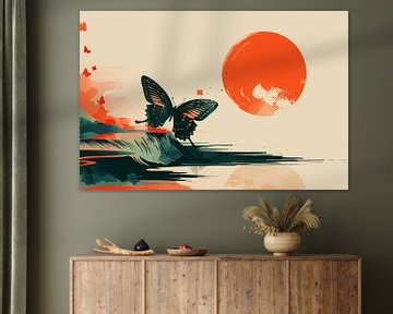 Rustende Vlinder in Oranje Zonsondergang van Art & Soul Creations