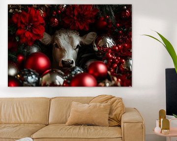 Kerstpracht - Koe te Midden van Feestelijke Rode Accenten - rood - kerst van Eva Lee