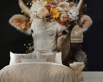 Blumenpracht und Gelassenheit - Kuh mit zartem Blumenkranz von Eva Lee