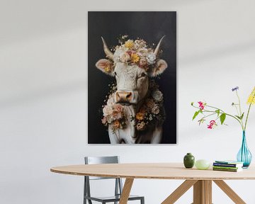 Blumenpracht und Gelassenheit - Kuh mit zartem Blumenkranz von Eva Lee