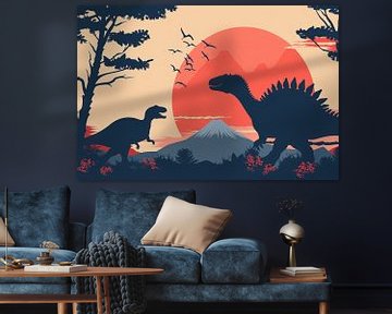 Silhouetten van dinos in prehistorisch landschap van Art & Soul Creations