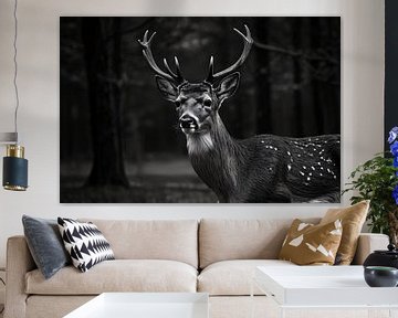 Zwart-wit foto van hert in bos van Art & Soul Creations