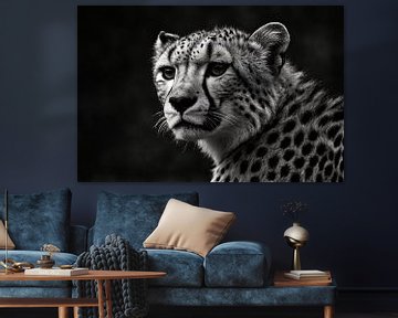 Zwart-wit close-up van een cheetah portret van Art & Soul Creations