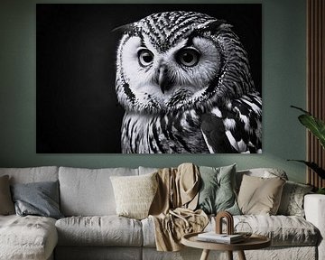 Black-and-white photo of a realistic owl