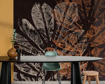 Leaves in burnt orange and cream on brown linen look. by Dina Dankers