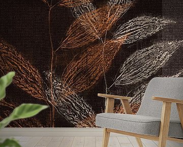 Plants in burnt orange and cream on brown linen look. by Dina Dankers