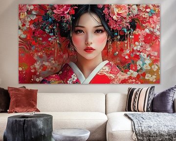Japanese Woman in Red Kimono