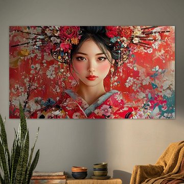 Japanische Frau im roten Kimono