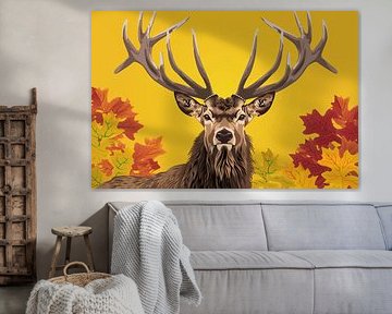 Majestic deer with autumn leaves on yellow
