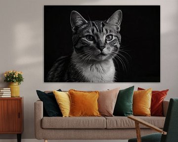 Zwart-wit foto van een kat met intense blik