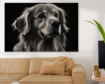 Detailed black and white photo of Golden Retriever